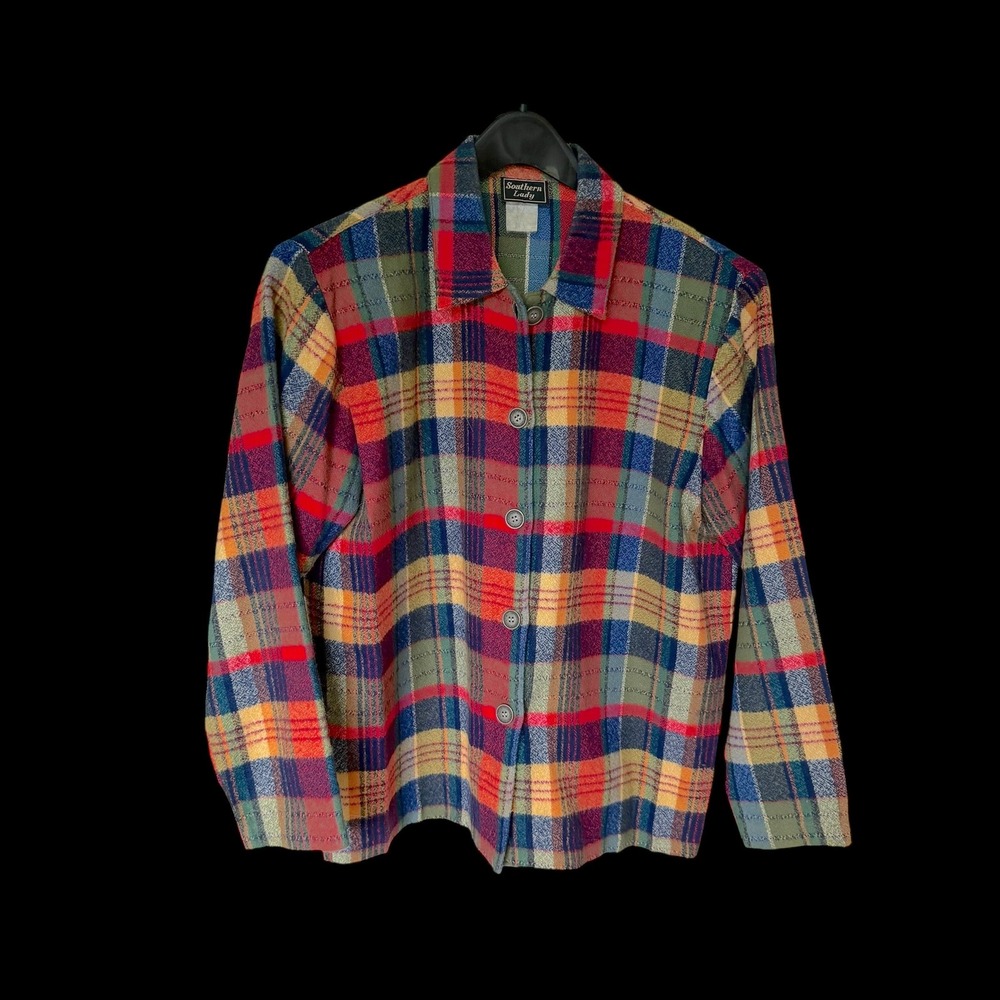 70's Southern Lady Plaid Button Front Shirt Jacket Multi Color Sz 14